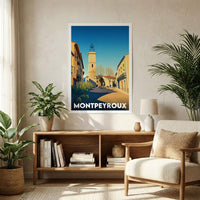 Affiche souvenir de la ville de Montpeyroux avec une illustration stylisée de sa tour de l'horloge.