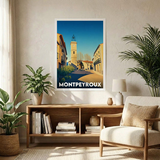 Affiche souvenir de la ville de Montpeyroux avec une illustration stylisée de sa tour de l'horloge.