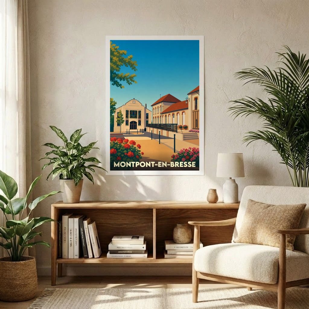 Affiche souvenir de la ville de Montpont-en-Bresse avec une illustration stylisée et colorée de son architecture.