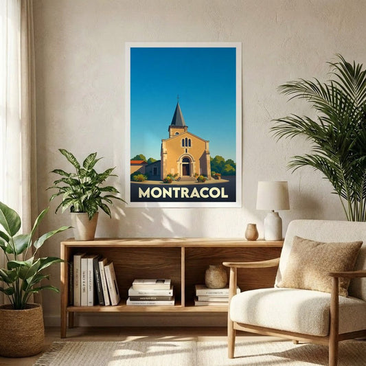 Affiche souvenir de la ville de Montracol avec une illustration stylisée de son église.