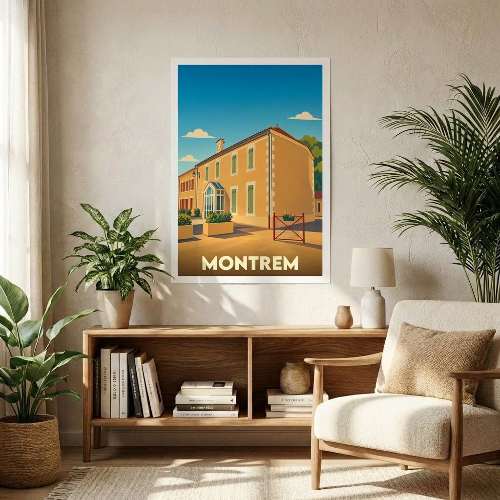 Affiche souvenir de la ville de Montrem avec une illustration stylisée d'un bâtiment ensoleillé.