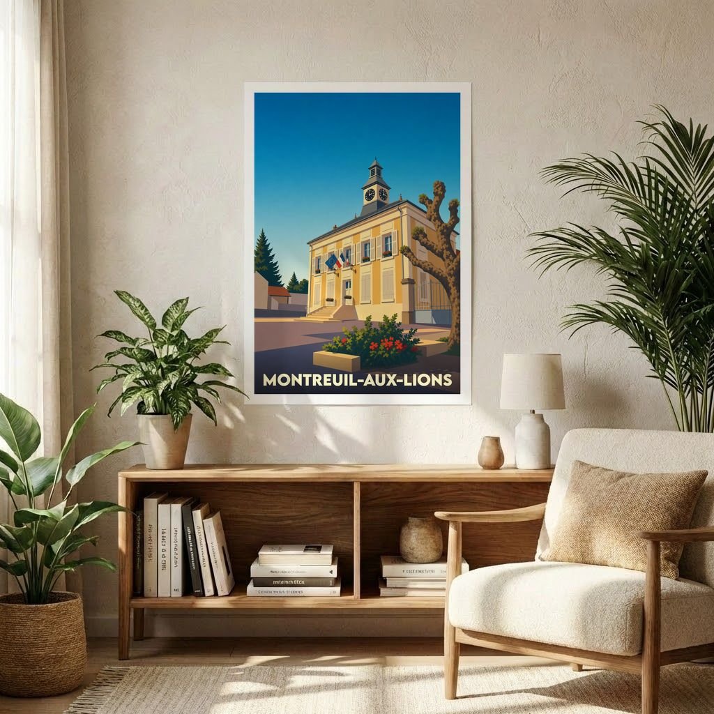 Affiche souvenir de la ville de Montreuil-aux-Lions avec une illustration stylisée de sa mairie.