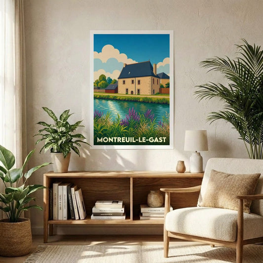 Affiche souvenir de la ville de Montreuil-le-Gast avec une illustration stylisée d'un paysage fluvial.