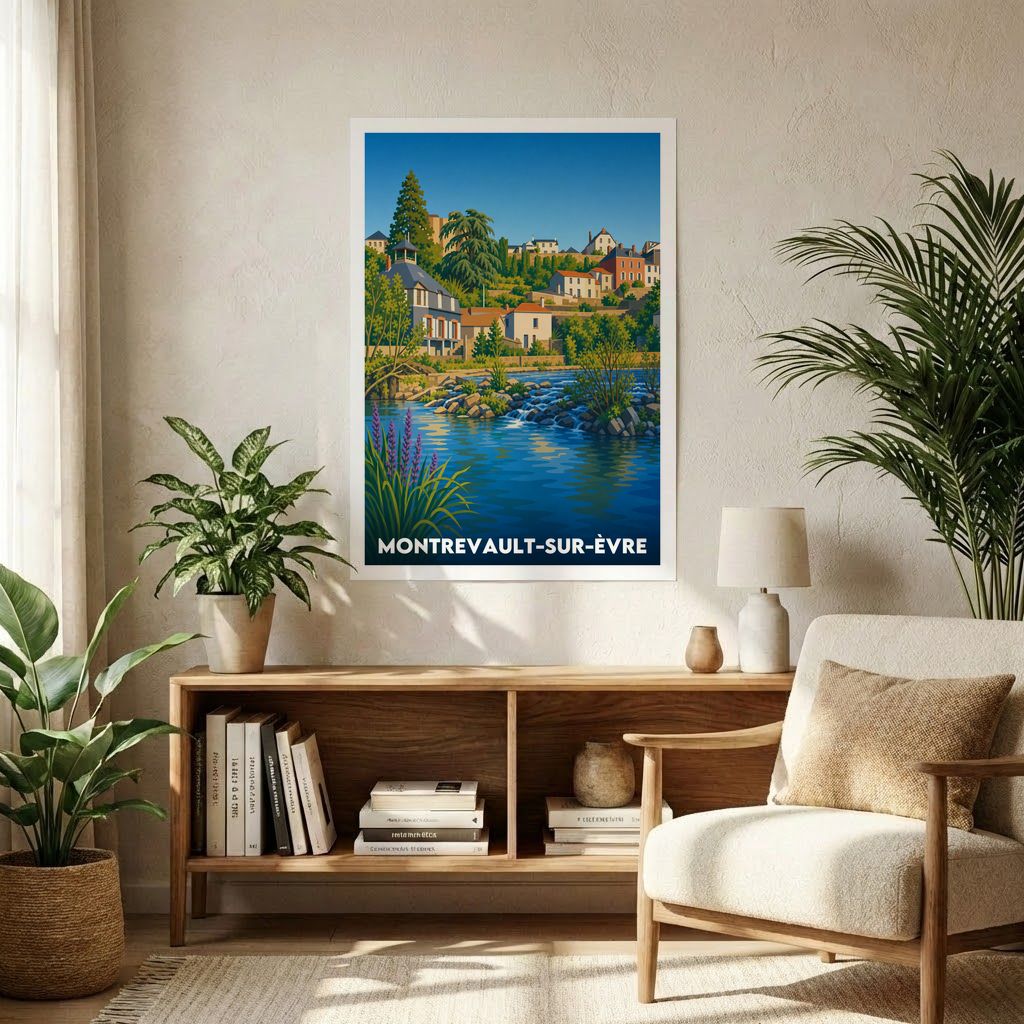 Affiche souvenir de la ville de Montrevault-sur-Èvre avec une illustration stylisée de ses paysages en bord de rivière.