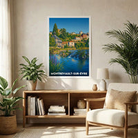 Affiche souvenir de la ville de Montrevault-sur-Èvre avec une illustration stylisée de ses paysages en bord de rivière.