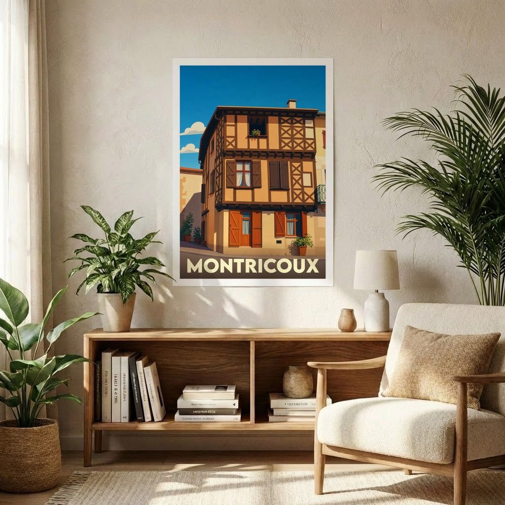 Affiche souvenir grand format de la ville de Montricoux illustrant une maison traditionnelle à colombages dans un style rétro.
