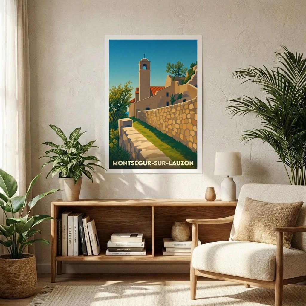 Affiche souvenir de la ville de Montségur-sur-Lauzon avec une illustration stylisée et colorée de ses remparts et de son clocher.