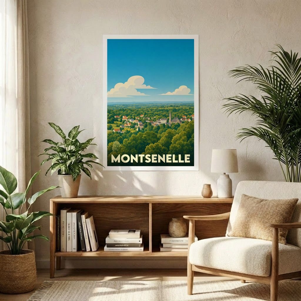 Affiche souvenir de la ville de Montsenelle illustrant un paysage verdoyant dans un style rétro.