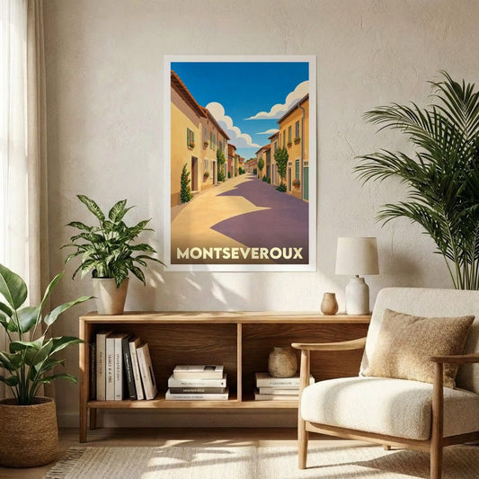 Affiche souvenir de la ville de Montseveroux avec une illustration stylisée et colorée d'une ruelle ensoleillée.
