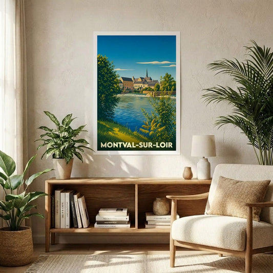 Affiche souvenir de la ville de Montval-sur-Loir avec une illustration stylisée d'un paysage fluvial.