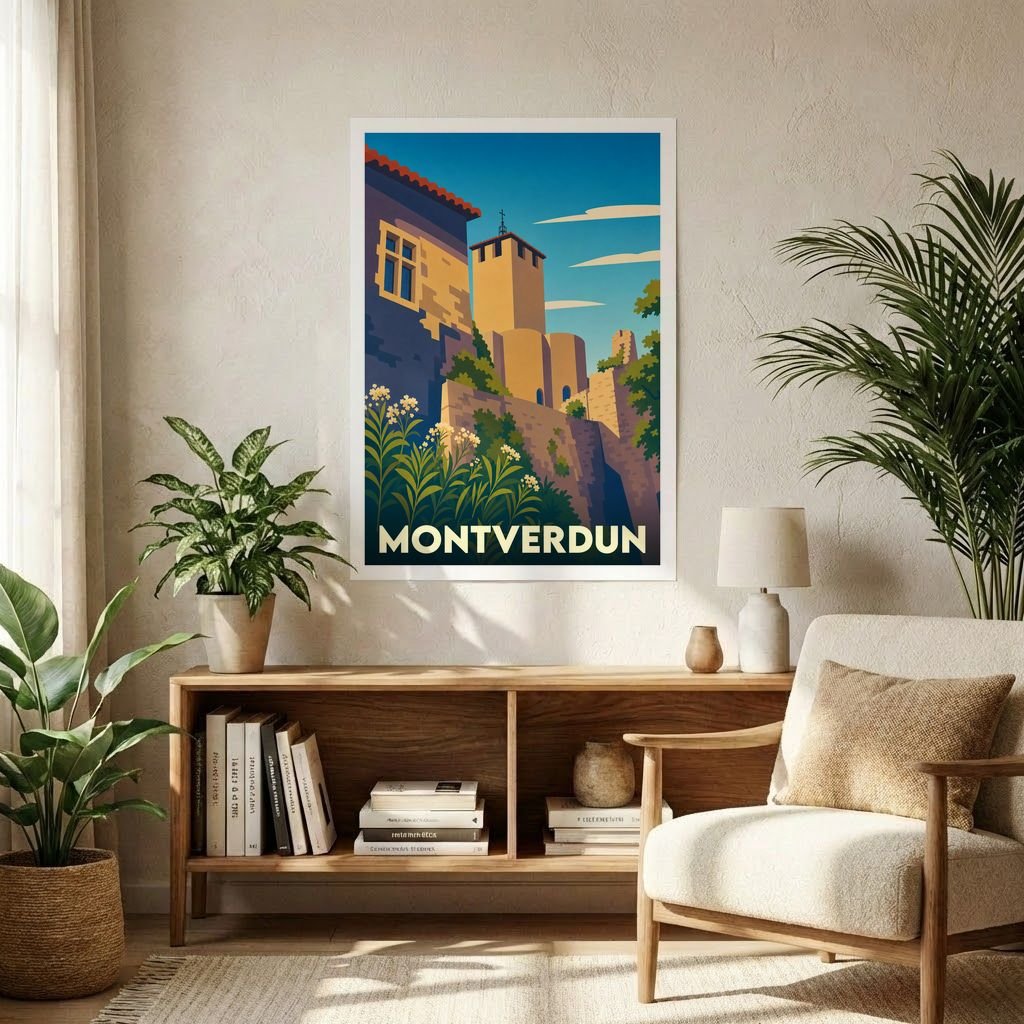 Affiche souvenir de la ville de Montverdun avec une illustration stylisée de son prieuré niché sur un pic volcanique.
