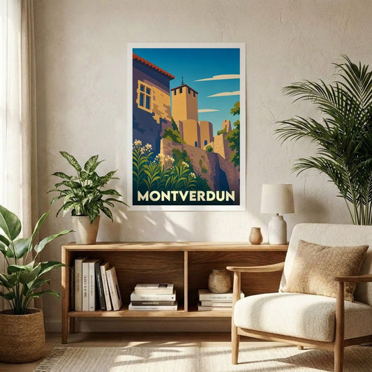 Affiche souvenir de la ville de Montverdun avec une illustration stylisée de son prieuré niché sur un pic volcanique.