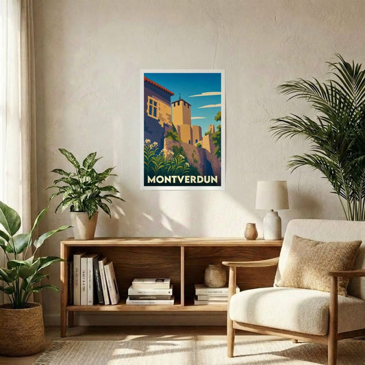 Affiche souvenir de la ville de Montverdun présentant une illustration stylisée de son patrimoine architectural dans un intérieur moderne.