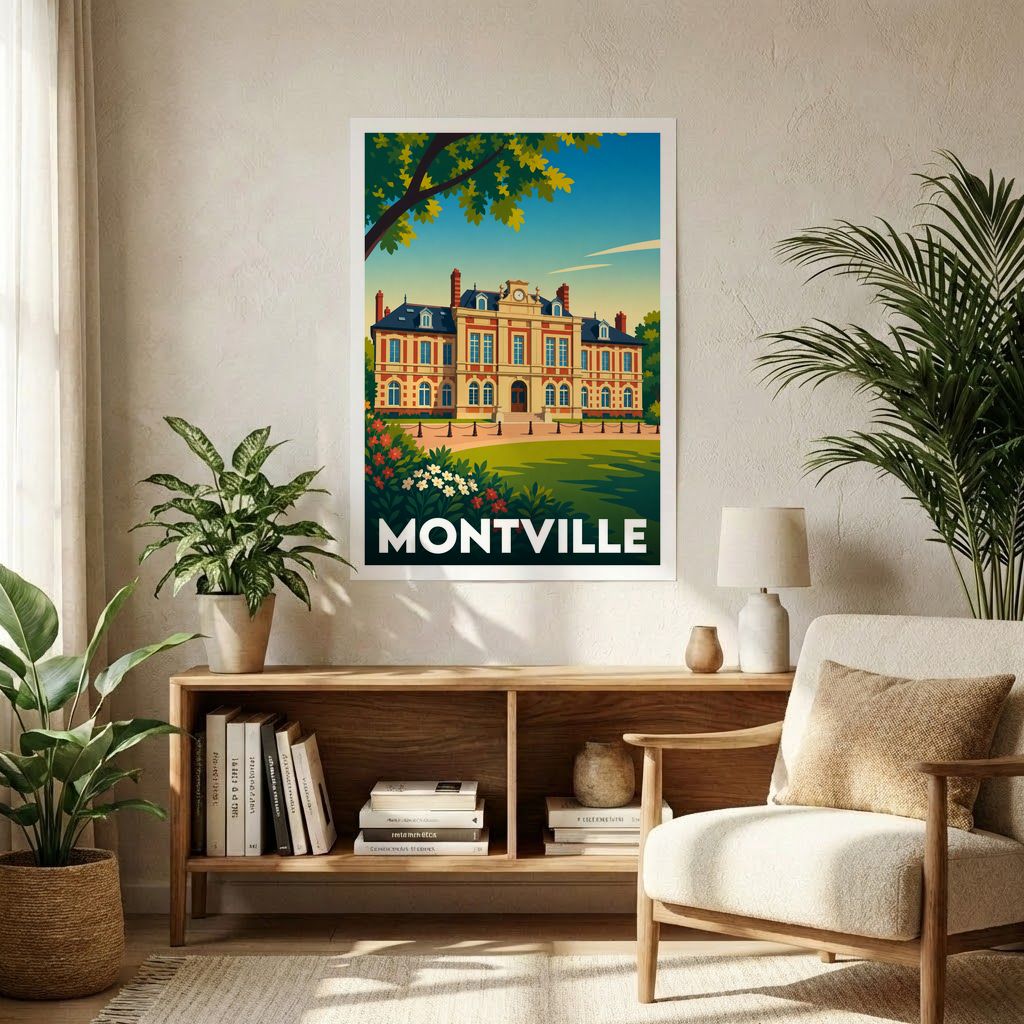 Affiche souvenir de la ville de Montville avec une illustration stylisée d'un bâtiment historique.