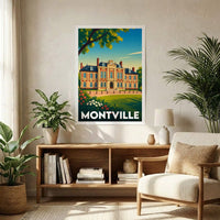 Affiche souvenir de la ville de Montville avec une illustration stylisée d'un bâtiment historique.
