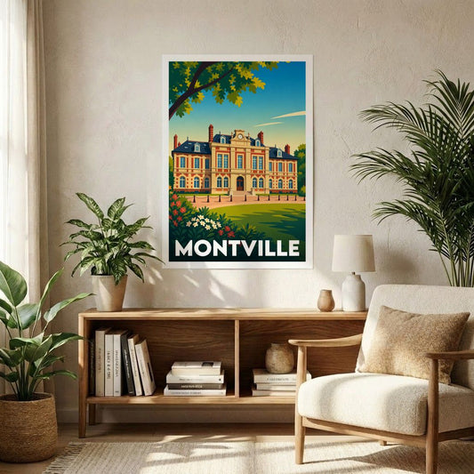 Affiche souvenir de la ville de Montville avec une illustration stylisée d'un bâtiment historique.