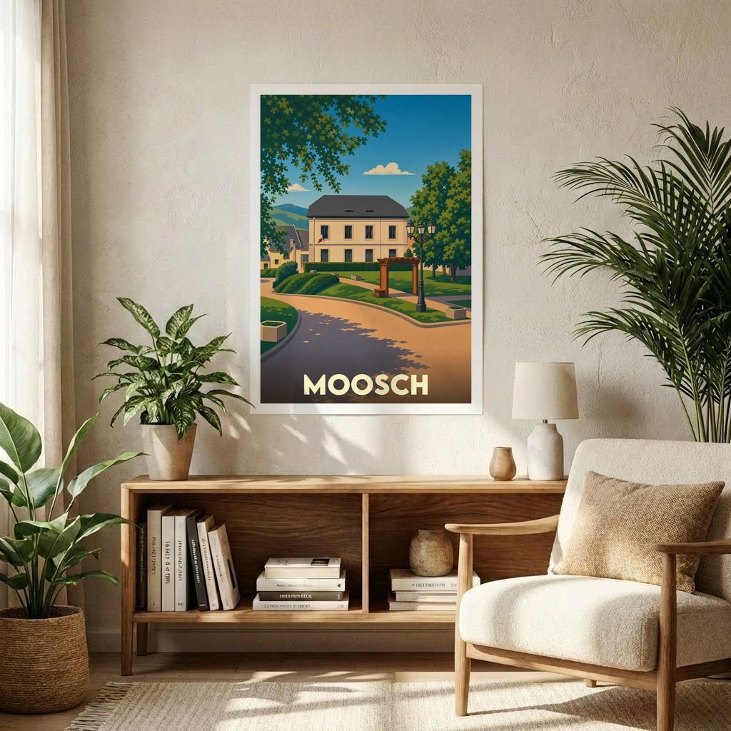 Affiche souvenir de la ville de Moosch avec une illustration stylisée d'un paysage urbain arboré.
