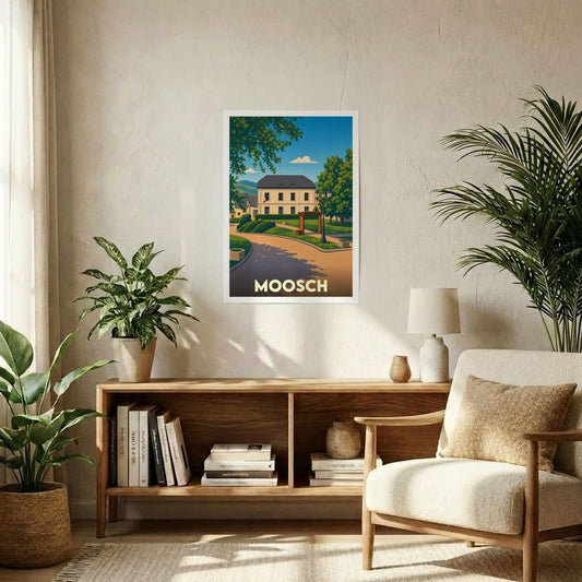 Affiche souvenir de la ville de Moosch avec une illustration stylisée et colorée.