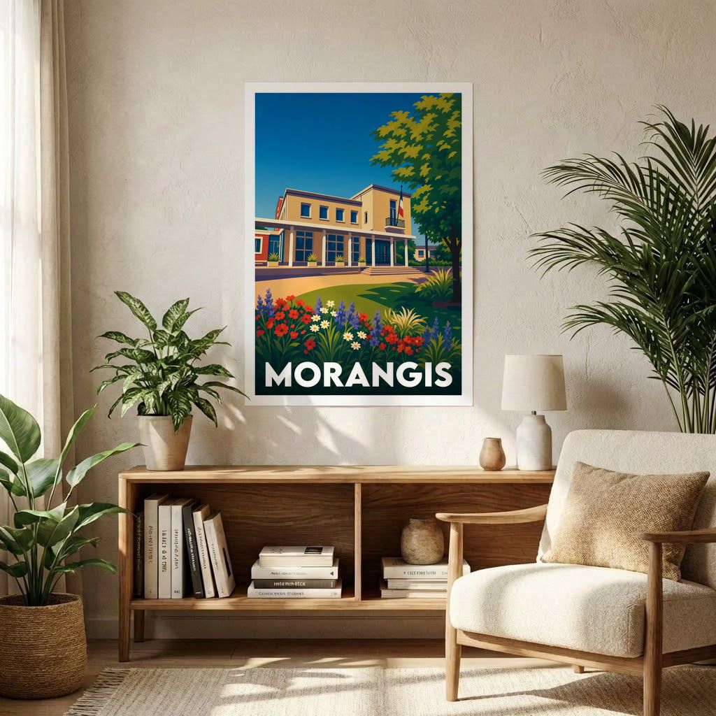 Affiche souvenir de la ville de Morangis avec une illustration stylisée et colorée.