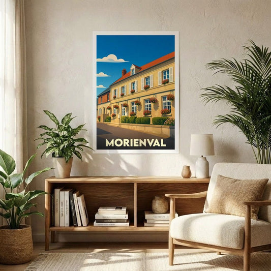 Affiche souvenir de la ville de Morienval avec une illustration stylisée d'un bâtiment fleuri.