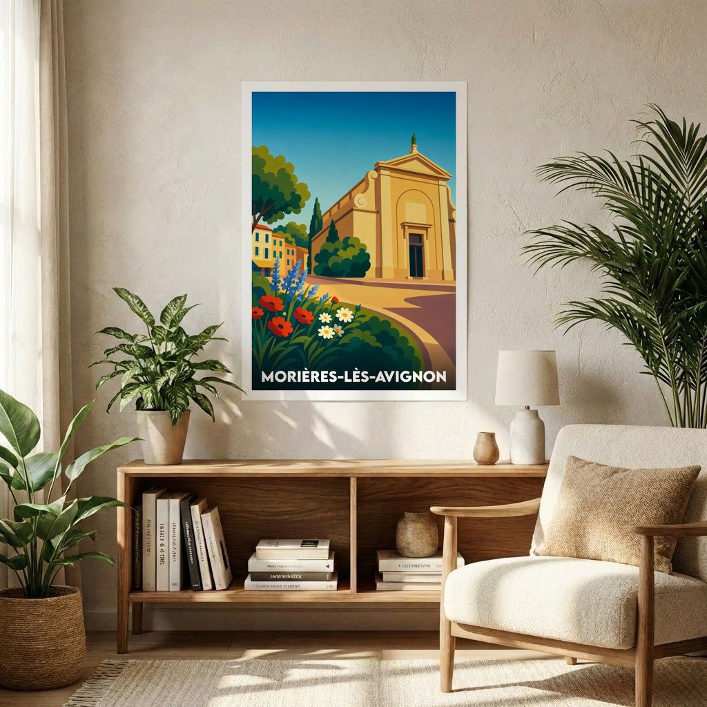 Affiche souvenir de la ville de Morières-lès-Avignon avec une illustration stylisée d'une église provençale sous un ciel azur.