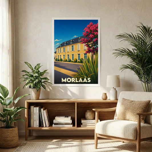 Affiche souvenir de la ville de Morlaàs représentant un bâtiment jaune sous un ciel bleu avec une illustration stylisée.