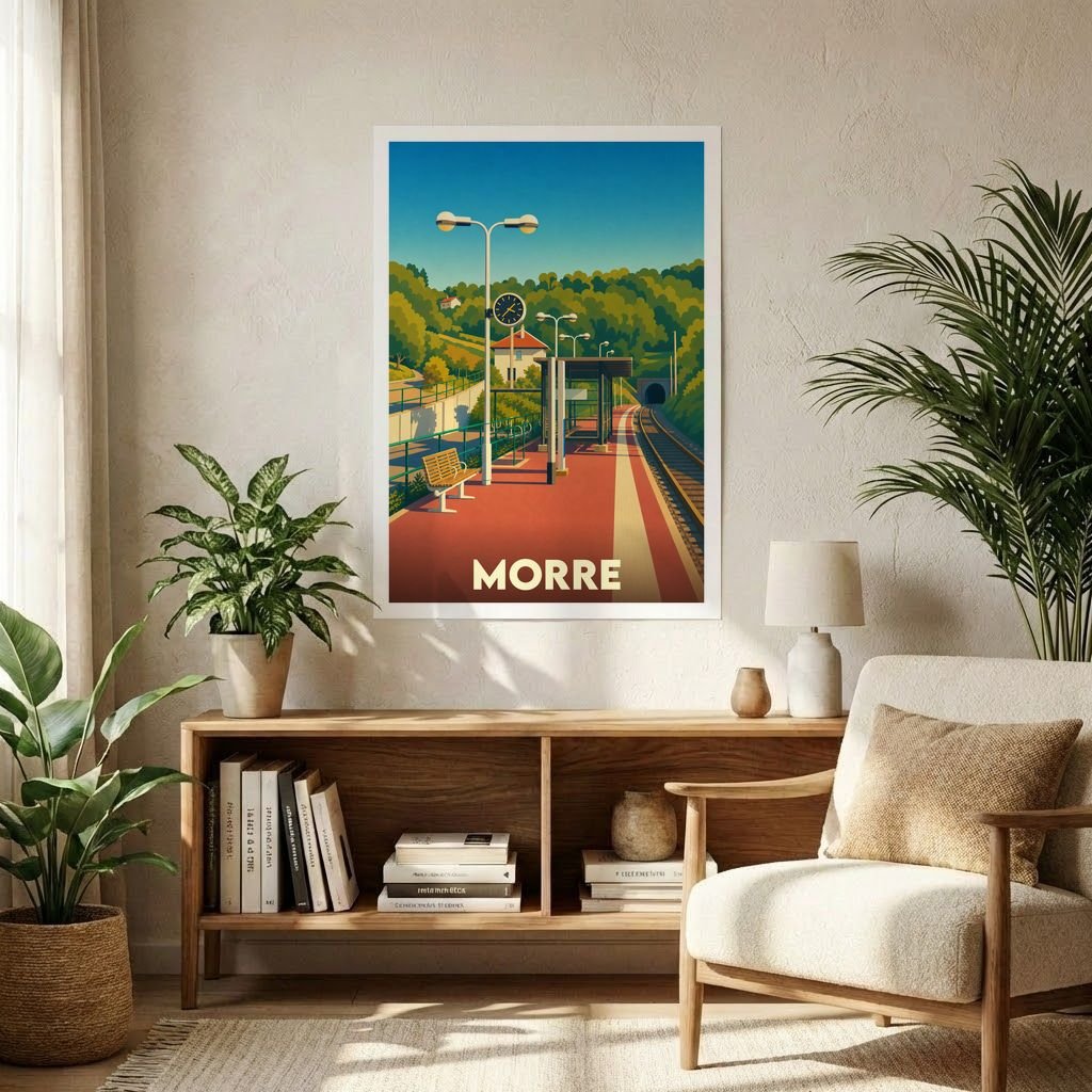 Affiche souvenir de la ville de Morre avec une illustration stylisée d'un quai de gare.