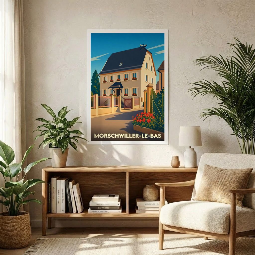 Affiche souvenir de la ville de Morschwiller-le-Bas avec une illustration stylisée d'une maison alsacienne.