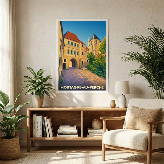 Affiche souvenir de la ville de Mortagne-au-Perche avec une illustration stylisée et colorée de son architecture historique.