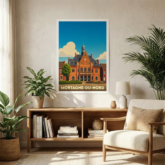 Affiche souvenir de Mortagne-du-Nord avec une illustration stylisée de son hôtel de ville coloré.
