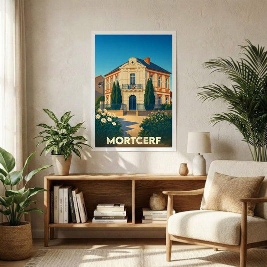 Affiche souvenir de la ville de Mortcerf avec une illustration stylisée de sa mairie.