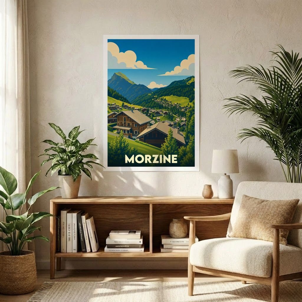 Affiche souvenir de la ville de Morzine avec une illustration stylisée de chalets en montagne.