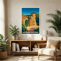 Affiche souvenir de la ville de Mouans-Sartoux illustrant son château dans un style vintage coloré.