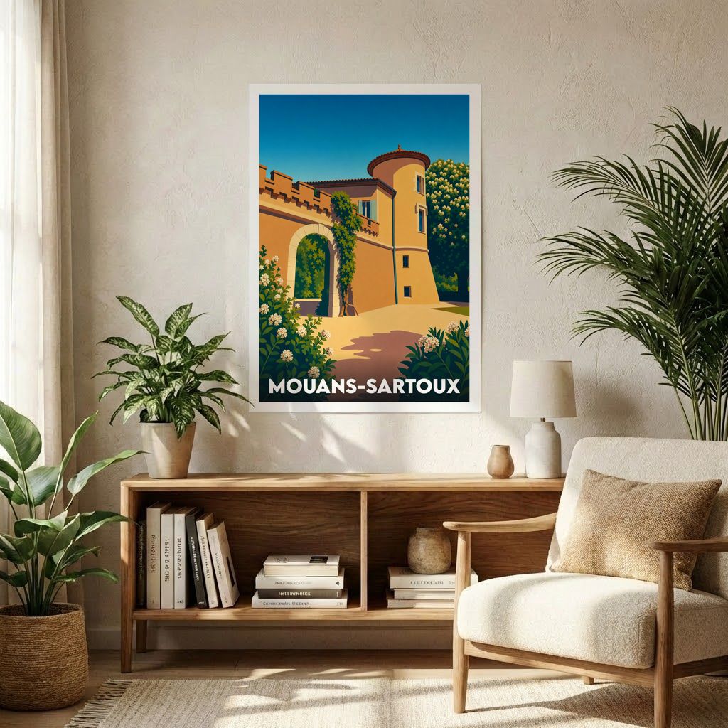 Affiche souvenir de la ville de Mouans-Sartoux illustrant son château dans un style vintage coloré.