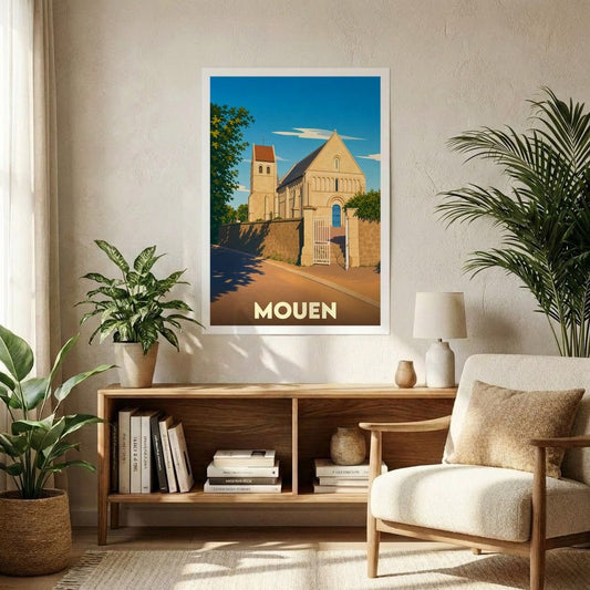 Affiche souvenir de la ville de Mouen avec une illustration stylisée de son église sous un ciel bleu.