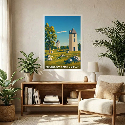 Affiche souvenir de la ville de Mouilleron-Saint-Germain avec une illustration stylisée de paysages et de tours emblématiques.