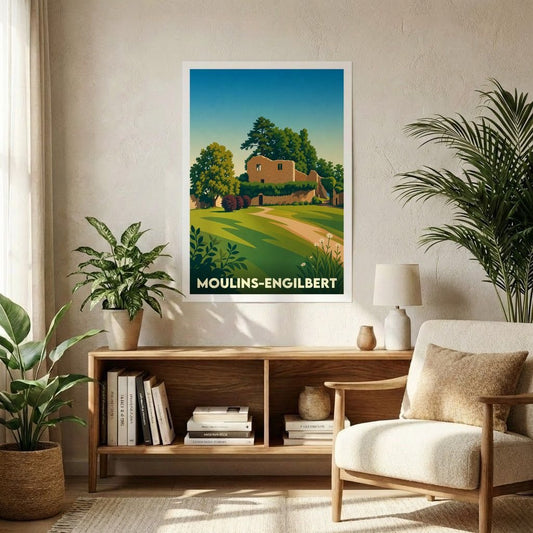 Affiche souvenir de la ville de Moulins-Engilbert avec une illustration stylisée de son paysage champêtre.