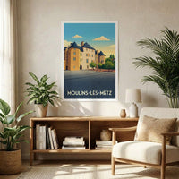 Affiche souvenir de la ville de Moulins-lès-Metz avec une illustration stylisée de son architecture.