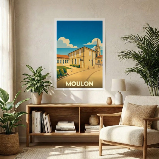 Affiche souvenir de la ville de Moulon présentant une illustration stylisée et colorée de son architecture locale.