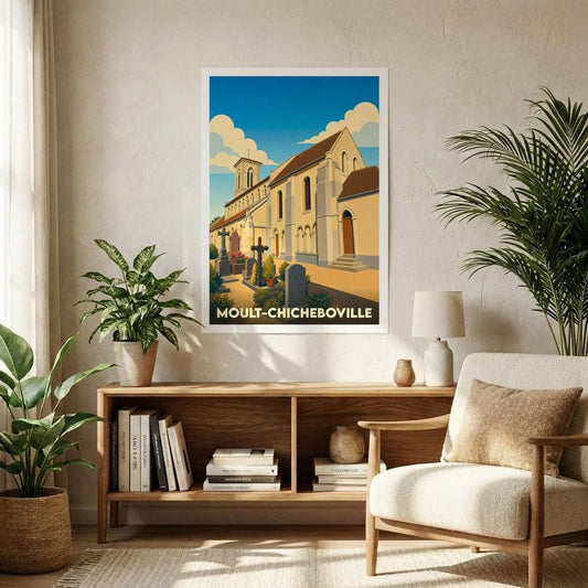 Affiche souvenir de la ville de Moult-Chicheboville représentant son église et son cimetière dans un style graphique épuré.