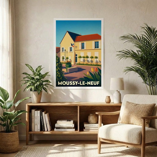 Affiche souvenir de la ville de Moussy-le-Neuf avec une illustration stylisée d'un bâtiment ensoleillé.