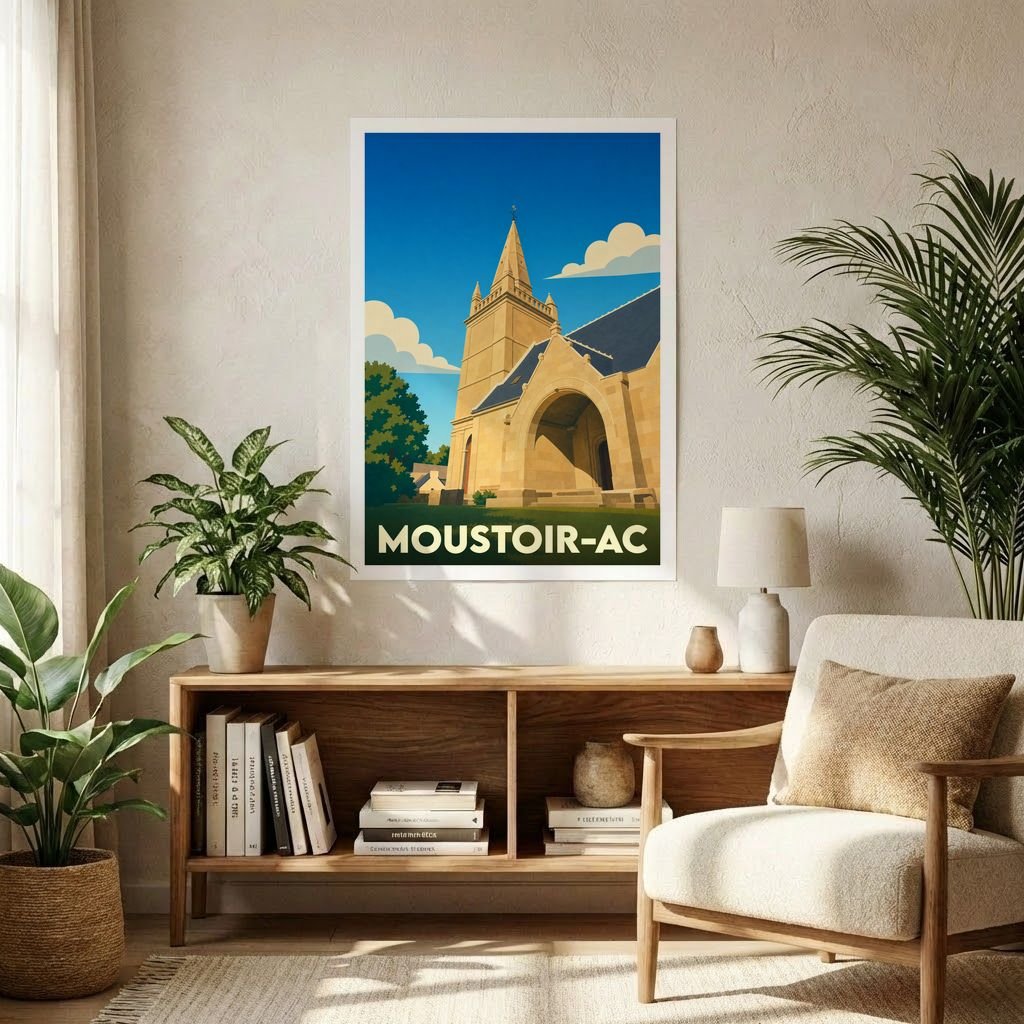 Affiche souvenir de la ville de Moustoir-Ac avec une illustration stylisée de son église.