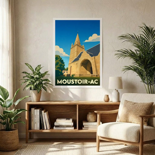 Affiche souvenir de la ville de Moustoir-Ac avec une illustration stylisée de son église.