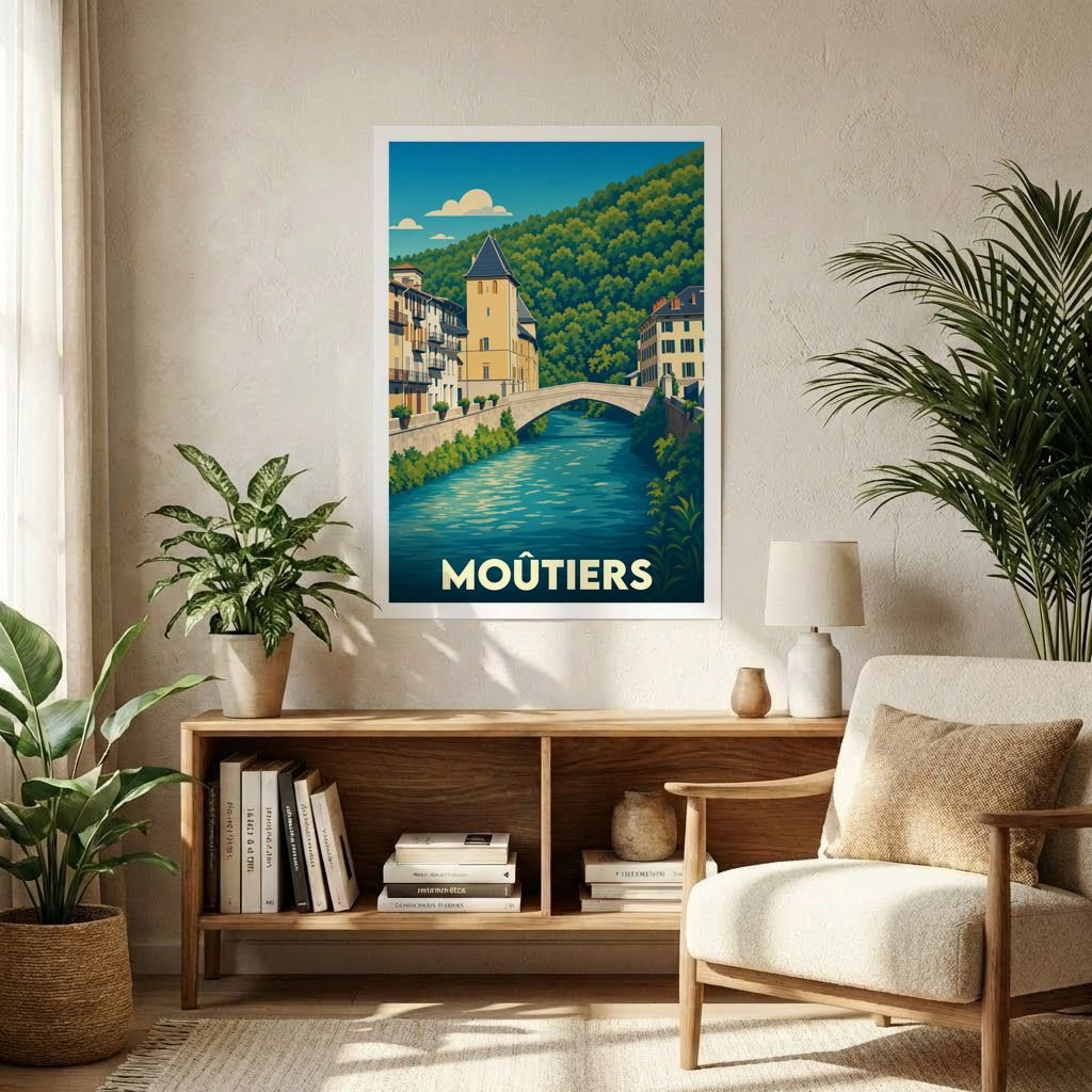 Affiche souvenir de la ville de Moûtiers présentant une illustration stylisée d'un pont enjambant une rivière au pied d'une montagne boisée.