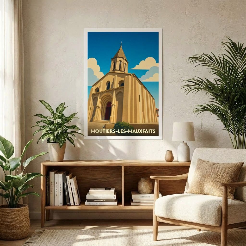 Affiche souvenir de la ville de Moutiers-les-Mauxfaits avec une illustration stylisée de son église romane.