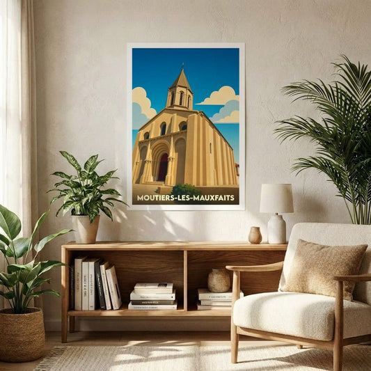 Affiche souvenir de la ville de Moutiers-les-Mauxfaits avec une illustration stylisée de son église romane.