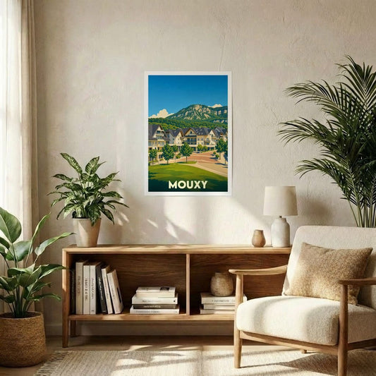 Affiche souvenir de la ville de Mouxy représentant un paysage montagneux avec une illustration stylisée.