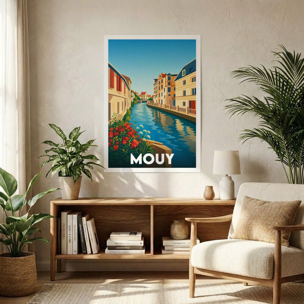 Affiche souvenir de la ville de Mouy avec une illustration stylisée d'un canal bordé de maisons.