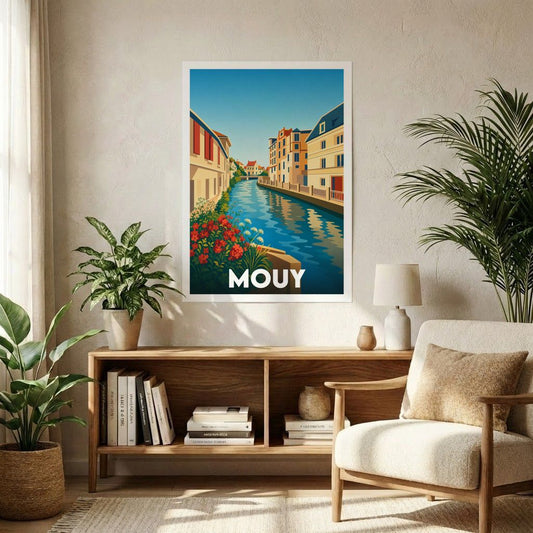 Affiche souvenir de la ville de Mouy avec une illustration stylisée d'un canal bordé de maisons.