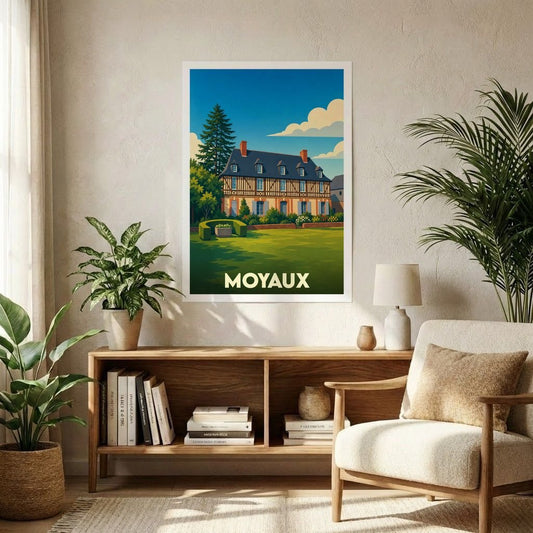 Affiche souvenir de la ville de Moyaux avec une illustration stylisée d'un manoir normand.